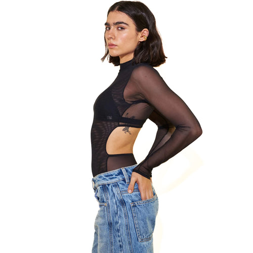 Mesh long sleeves bodysuit-black