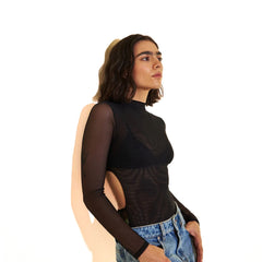 Mesh long sleeves bodysuit-black